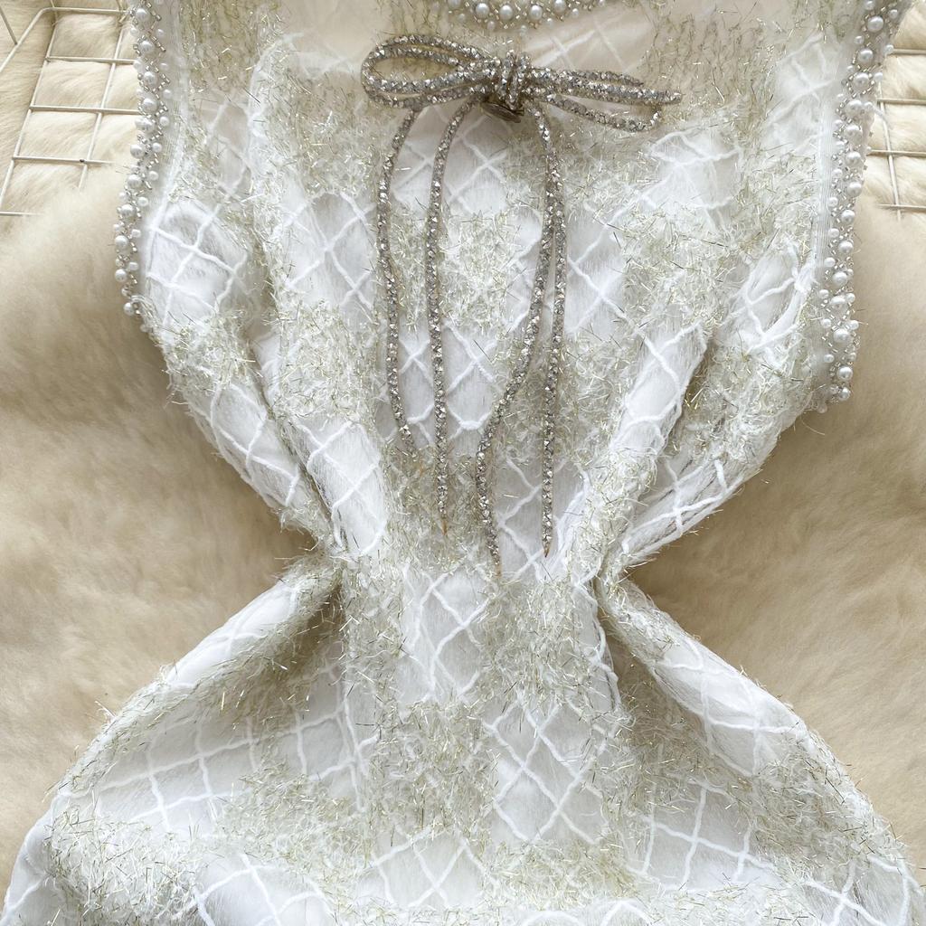 Summer Women Elegant Sleeveless Luxury Beading Plaid Lace Diamond Bowtie Mini Short Fairy Party Pencil Dresses