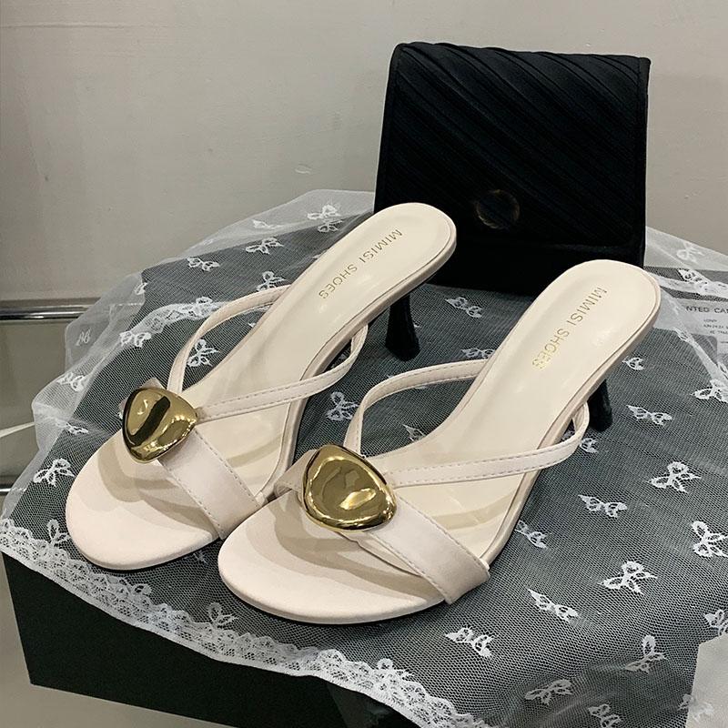 Fashion Fashion Metal Women High Heels Pumps Slides Shoes New In Spring Summer Female Slip On Footwear Round Toe Ladies Thin Heels Shoes