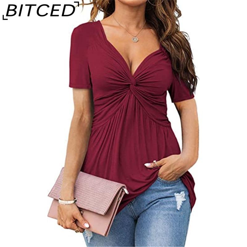 BITCED Women's V-Neck Front-Twist Short-Sleeved Elegant Casual T-Shirt Solid-Colour Pullover Top