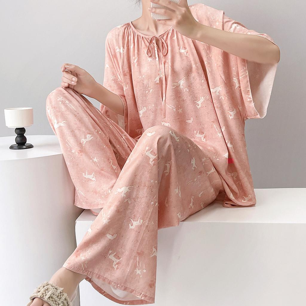 1011 new short-sleeved cotton and silk pajamas for women's summer thin printing loose and relaxed loungewear suit