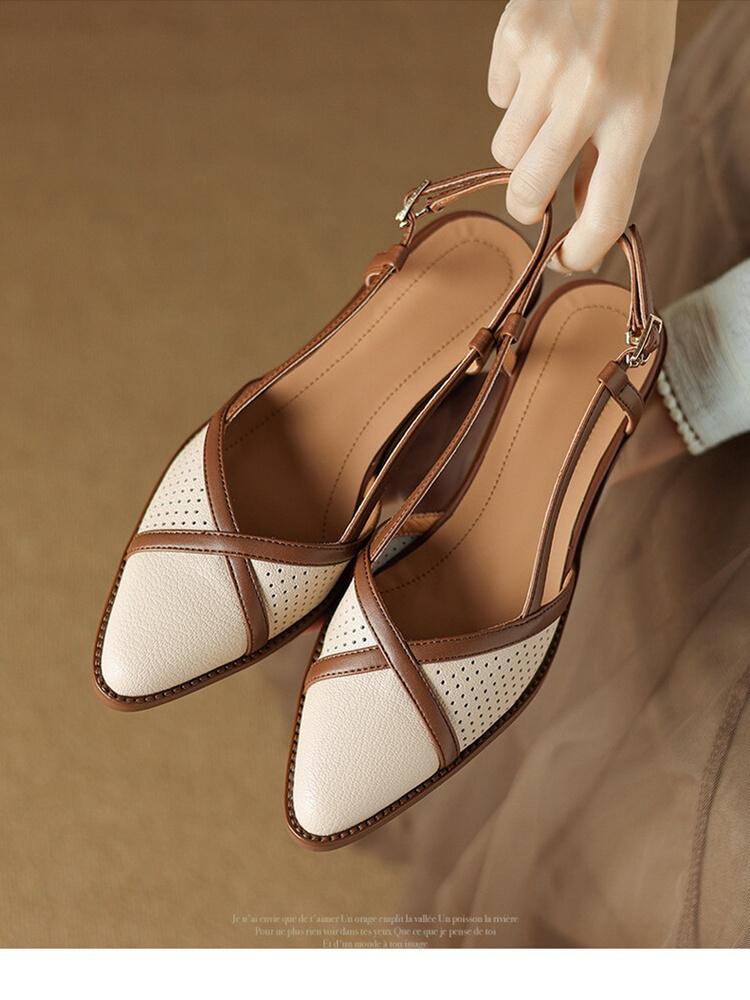 

Fashion NEW Summer Women Sandals Split Leather Shoes for Women Pointed Toe Chunky Heel Shoes Cover Toe Slingback Hollow Designer Sandals 39 бежевый