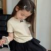 1-12Y Girl's Shirts Korean-style Knitted Lace-Trimmed Short-Sleeve Summer Ruched Tops Trendy Breathable Bow Tie Versatile Tee