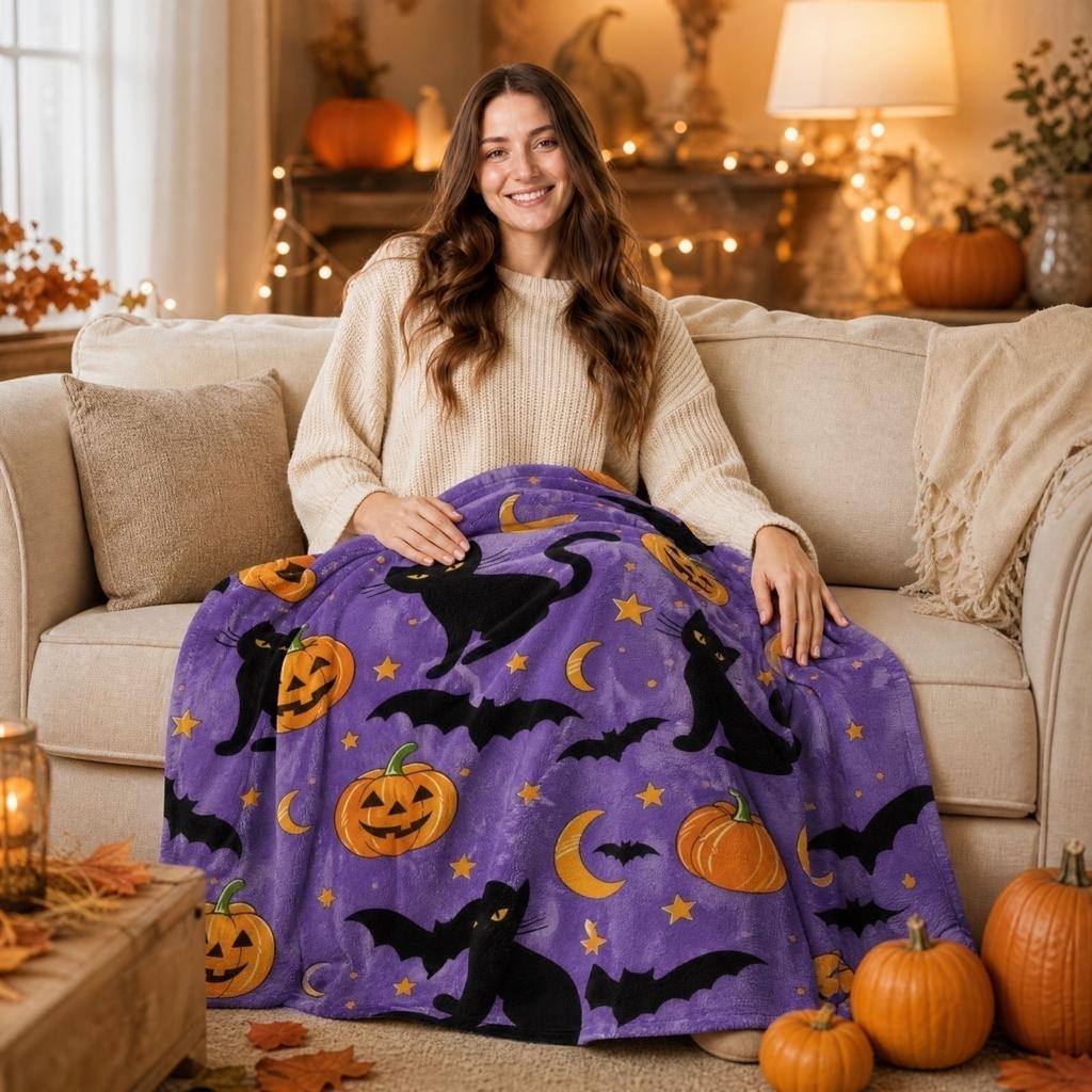 Halloween Flannel Throw Blanket with Pumpkin Print, 100*70 cm, Cozy Sofa Blanket for Home Nap and Holiday Decor