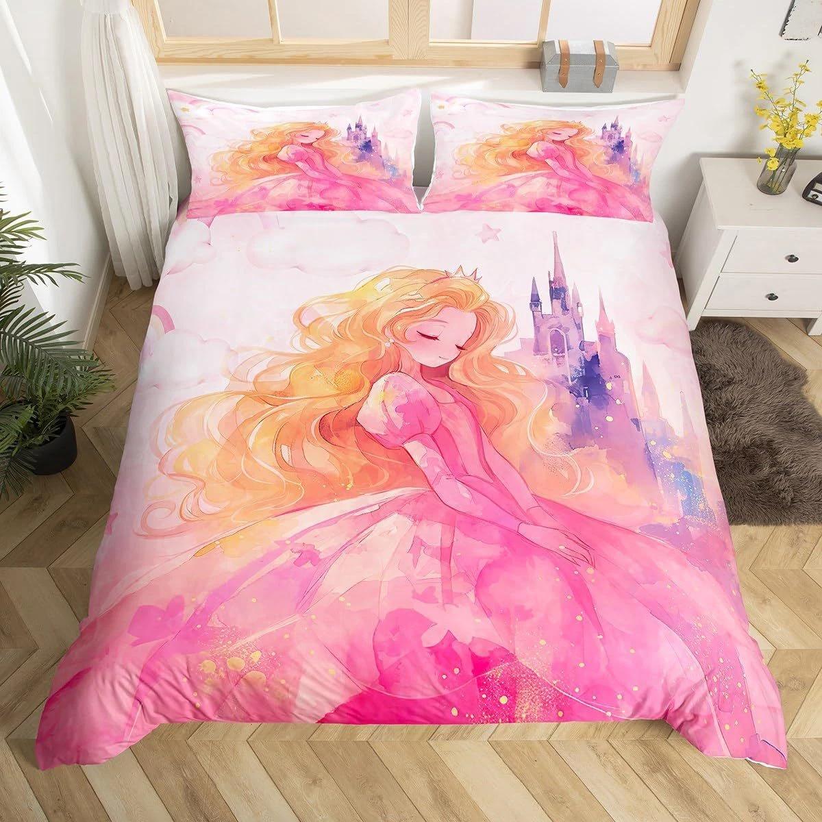 

Watercolor Pink Princess & Castle Bedding Set – Dreamy Girls Duvet Cover Set, Perfect Gift for Kids, Fits Twin/Full/Queen/King Size Beds Baby 100x135cm