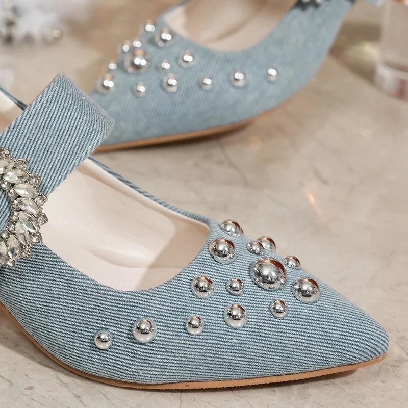 Vintage Denim Pointed Toe High Heels Pumps Women 2025 Silver Glitter Buckle Sandals Women Rivet Decoration Dress Party Shoes