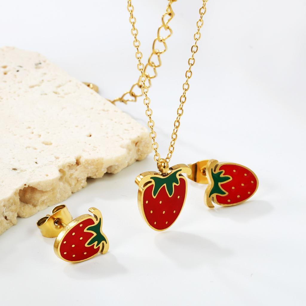 Sweet Strawberry Fruit Drip Oil Necklace Earrings Jewelry Set Cute Gift For Women Girls