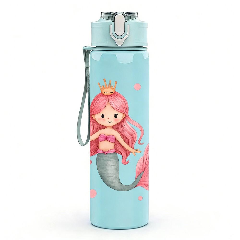 1 Stück Rosa Meerjungfrauenprinzessin Cartoon 750ml Farbe Kunststoff Sportwasserflasche Auslaufsicher Klappdeckel mit Strohhalm Geeignet für Sport Büro Heimgebrauch