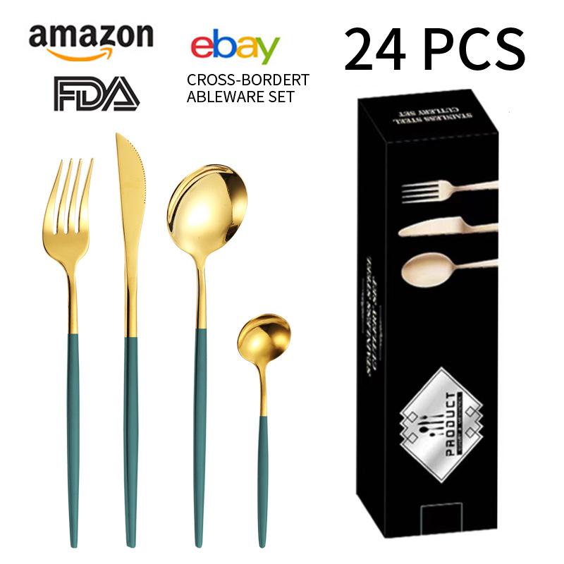

Посуда из нержавеющей стали, 24 предмета, нож для стейка в стиле Western Hotel, вилка и ложка, подарочный набор на 6 персон 24*7.5*5 золотой/зелёный