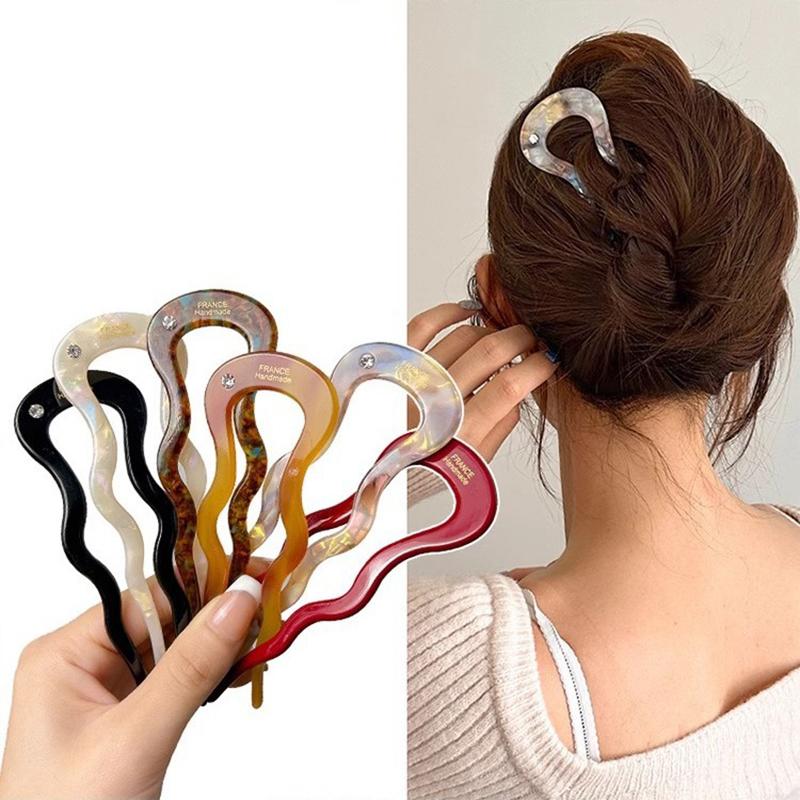 French Twist Hair Stick Hair Clip Acetate Wavy U-Shaped Hairpin Vintage Tortoise Shell Women Hair Bun Pin Headwear Accessories