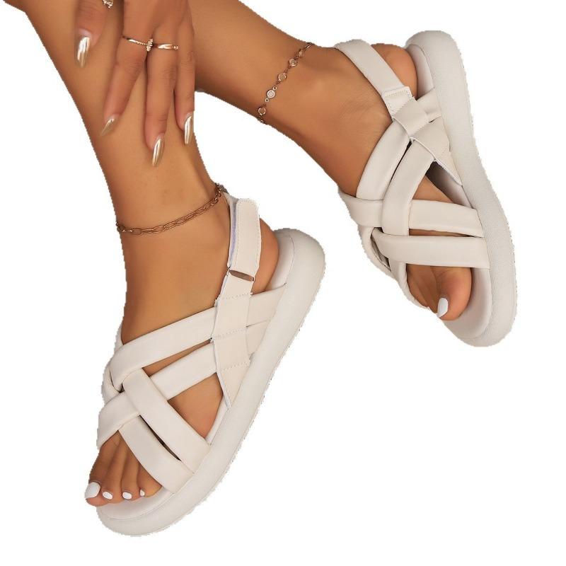 New platform cross-strapped Velcro sandals women's open-toed solid-color beach sandals