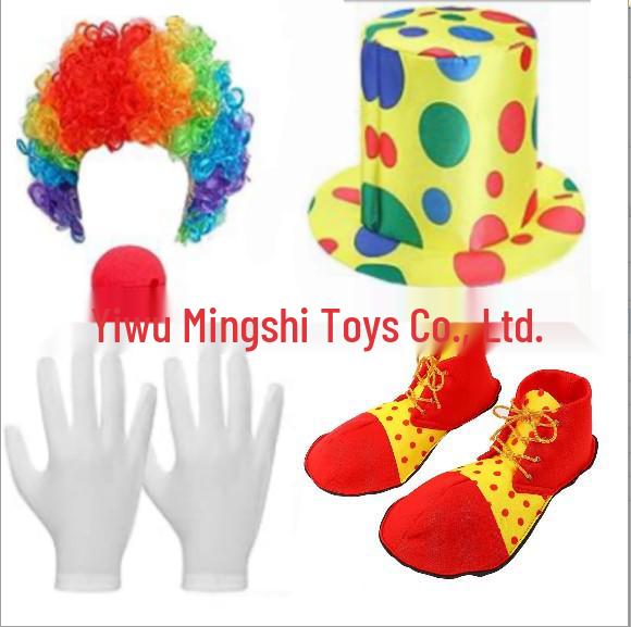 Colorful Clown Polka Dot Costume Set with Nose, Hat, Wig, Bow Tie, and Magic Props.