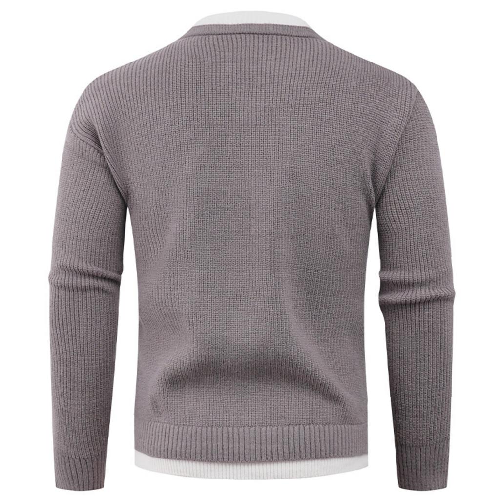 Men's Casual Solid Color Fake Two-piece Knitted Sweater, Men's Long-sleeved Pullover, Loose Inner V-neck Over Round-neck Sweater