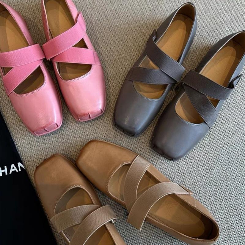 

Sheepskin~ Leather French ballet shoes women s super soft evening shoes square head shallow mouth retro Mary Jane shoes flat shoes 40 абрикосовый
