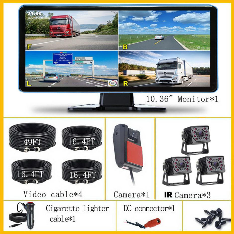 4 Channels Vehicle DVR Recorder System Infrared Night Vision 10.36 Inch 1080P AHD Backup Cameras MP5 FM Touch Monitor For Truck