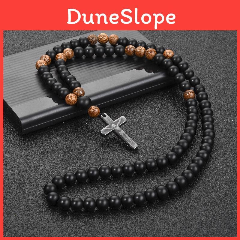 Handgefertigte schwarze Onyx-Kreuz-Halskette für Männer mit geometrischem Design und Perlenkette