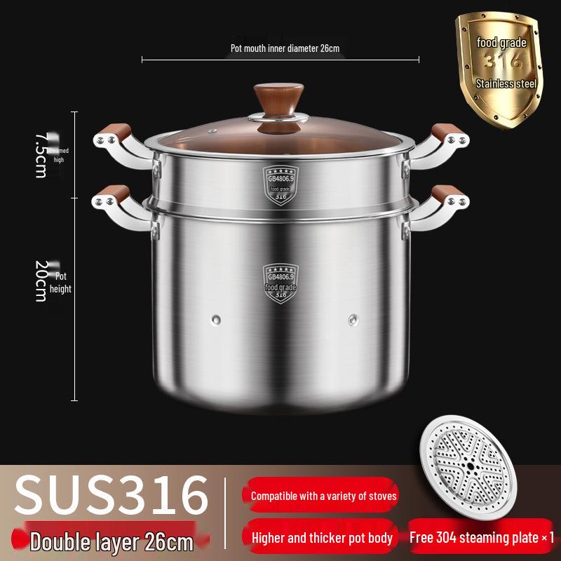316 Stainless Steel Large Capacity Stock Pot for Stewing, Broiling, and Steaming, Food-Grade and Integrated Molding Design.