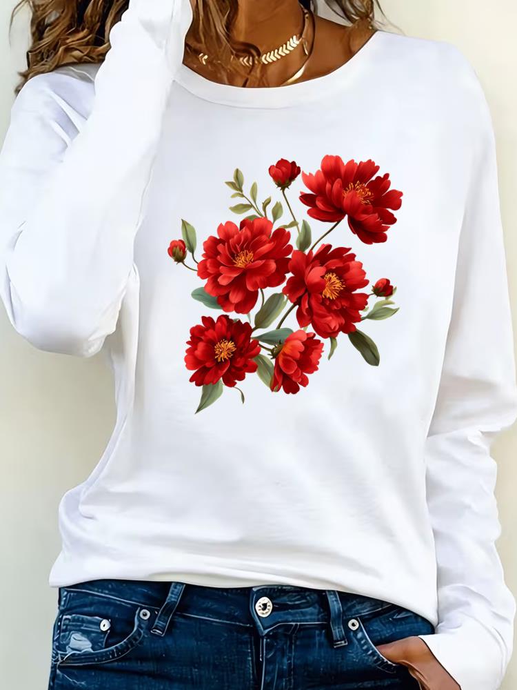 (Asian Size) watercolor flower 90s Clothing Casual  Tee Lady Printed o-neck Long Sleeve T Shirt Women Female Fashion Top Graphic T-shirts