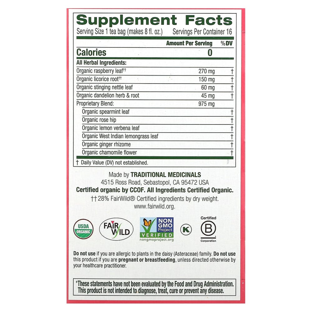 Traditional Medicinals Himbeerblatt-Tee, Unterstützung für einen gesunden Zyklus, Koffeinfrei, 16 einzeln verpackte Teebeutel, 24g (0,85 Unzen)