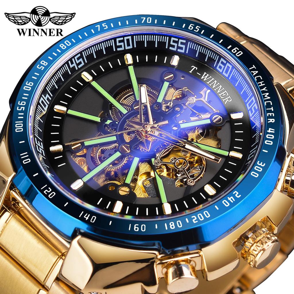 WINNER New Top Men's Watch Automatic Mechanical Strap Calendar Water Ghost Series Watch Silver Stainless Steel Waterproof Luminous