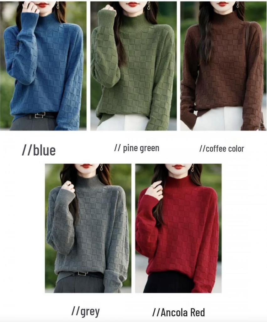 Women's 2024 Checkerboard Jacquard Knit Base Layer Top - Half-High Neck, Thick, Loose, Slim-Fit Sweater