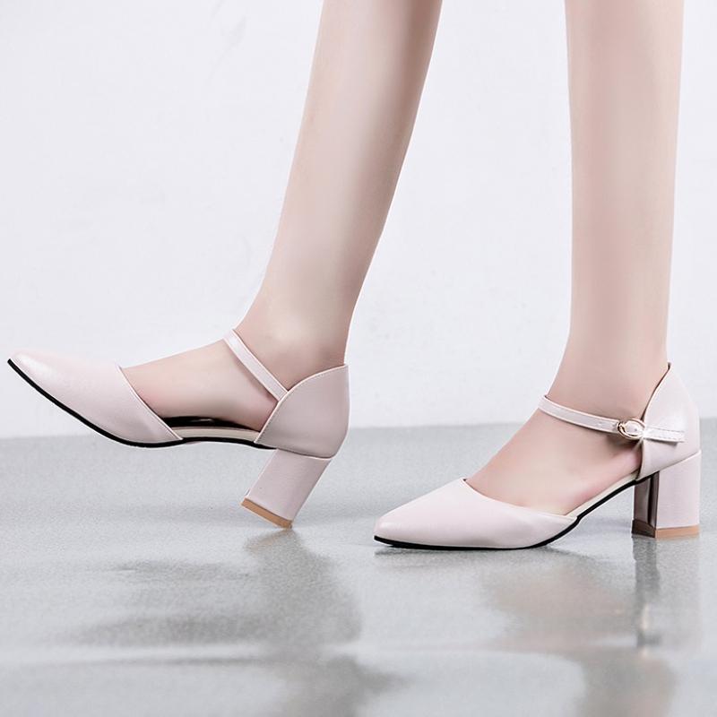 New Women Dress Shoes Cover Toe Ankle Strap Sandals Office  Mary Leisure Thick Heel Soft Bottom Simple Buckle Grace Single Shoe