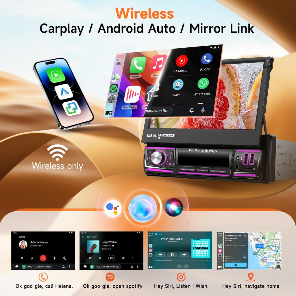 4G 64G 1Din Android Car Stereo Hodozzy Wireless Carplay Android Auto Touch Screen GPS 1 Din Audio Bluetooth Rear View AUX Dual USB Ports Carplay, &