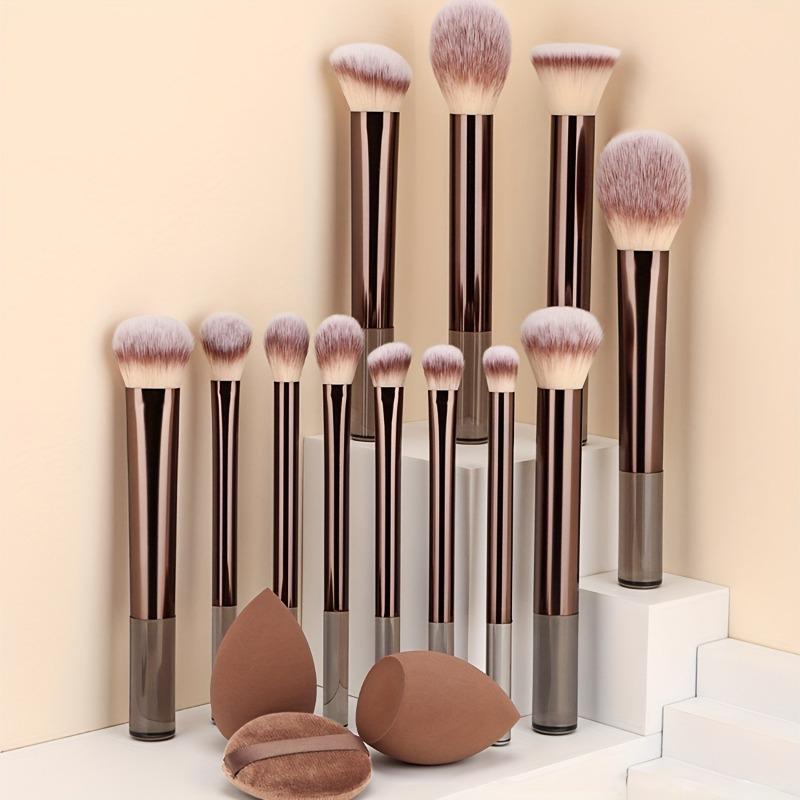 

12-Piece Classic Full Makeup Brush Set with Angled and Teardrop Blenders, 1 Powder Puff - Professional Application Tools, Nylon кавовий
