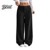 Women Pants Low Rise Zipper Button Fly Straight Wide Leg Comfortable All-day Wear Long with Pockets Solid Color Ribbed Leisure Trousers Wide-leg