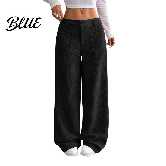 Women Pants Low Rise Zipper Button Fly Straight Wide Leg Comfortable All-day Wear Long with Pockets Solid Color Ribbed Leisure Trousers Wide-leg
