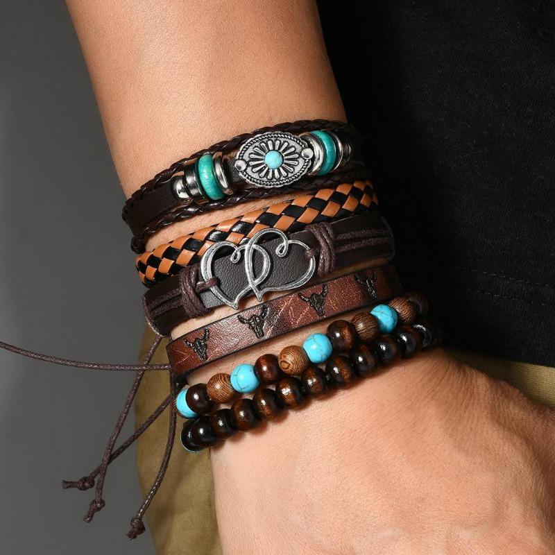 Boho Bracelet Set for Men Leather Braided Wrap Bracelet with Wood Beads Bull Skull & Evil Eye Charm Ethnic Viking Style Jewelry
