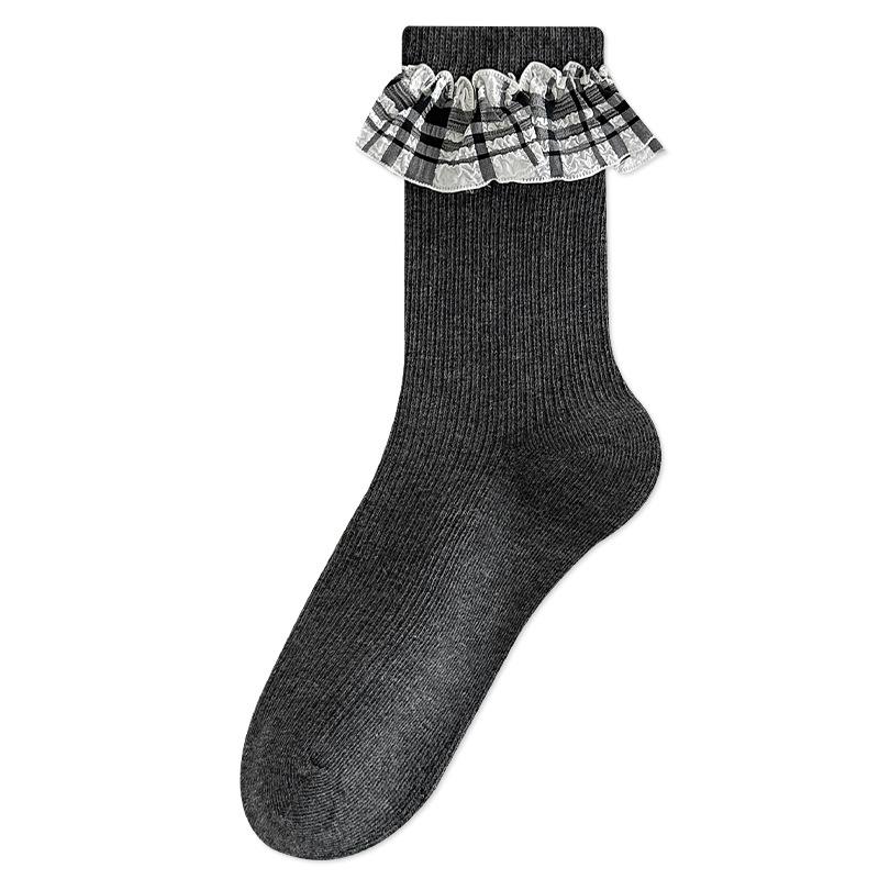 

Boneless Lace Socks for Girls, Cotton School Style, Mid-calf Socks for Girls with Small Leather Ballet Style 1 pair темно-сірий