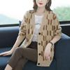 Herbst/Winter Damen Übergröße Strickjacke Pullover V-Ausschnitt Lockere Strickjacke Bedrucktes einreihiges Strickoberteil