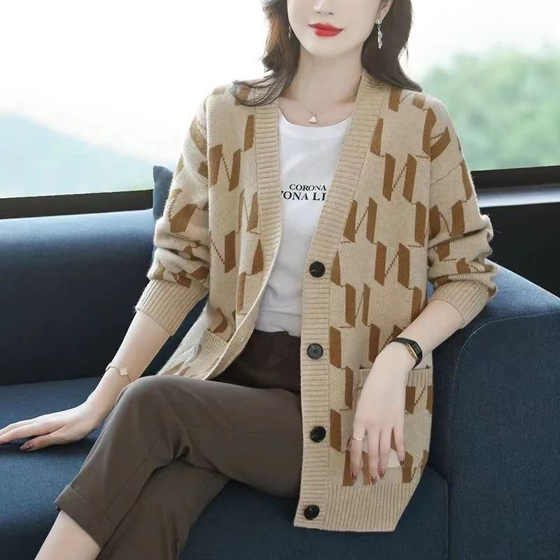Herbst/Winter Damen Übergröße Strickjacke Pullover V-Ausschnitt Lockere Strickjacke Bedrucktes einreihiges Strickoberteil