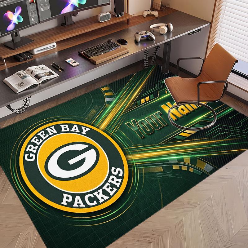 Custom Rug Green Bay Packers Pattern Print Name Text Soft Non‑Slip Floor Carpet for Home Indoor Decoration