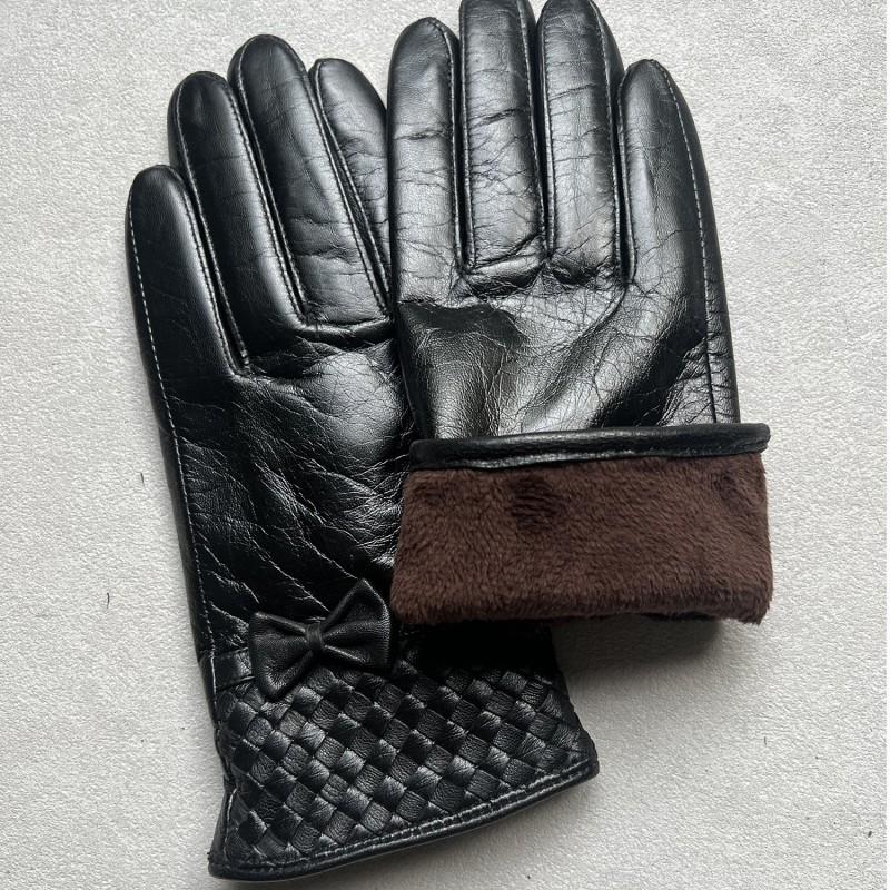 Womens Winter Goatskin Gloves Fleece Lined Touchscreen Cute Bow Driving Warm