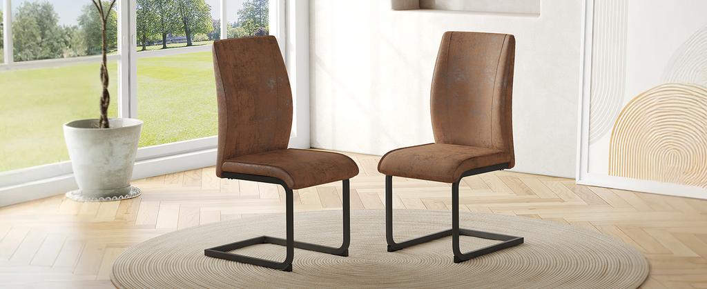 Set of 2 Brown Dining Chairs Made of Tech Fabric, Ergonomic Design, Comfortable and Aesthetic at the Same Time. Black Metal Legs.