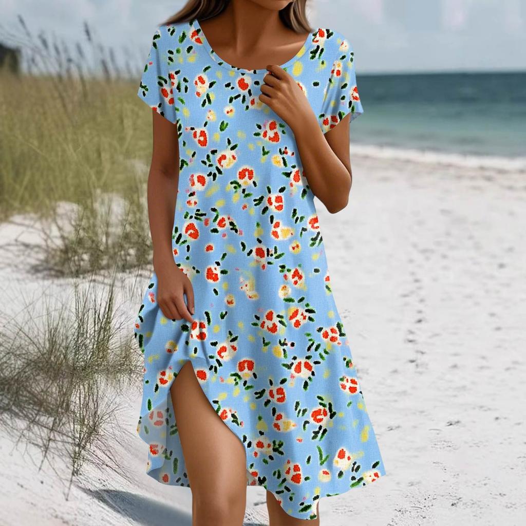 Damska letnia sukienka z krótkim rękawem, okrągłym dekoltem, kwiatowym nadrukiem, w stylu bohemy, z kieszeniami