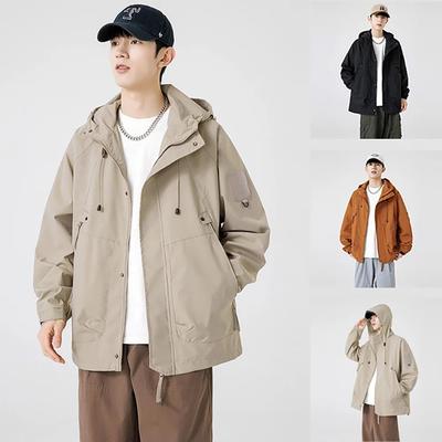 Men's Spring Cargo Jacket Hooded Large Capacity Pockets Outdoor Windproof Camping Hiking Fashion Outwear Loose Fit