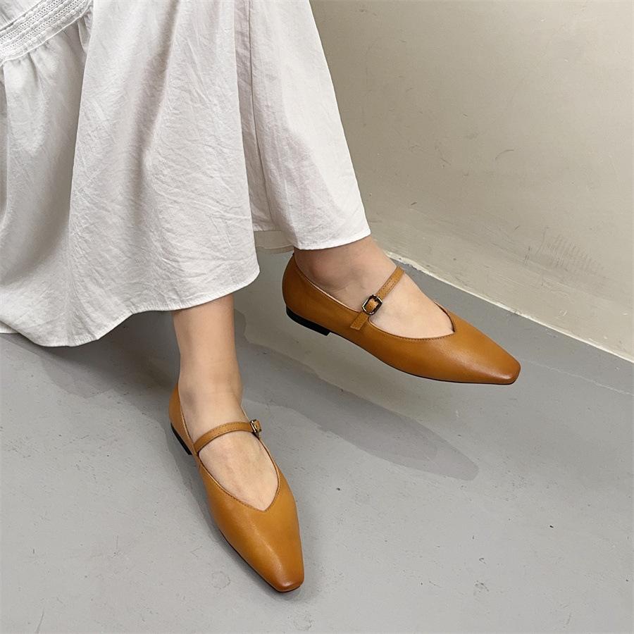 Johnature Versatile Genuine Leather Shoes Pointed Toe Buckle Strap Soft Soled Women's Flat Shoes
