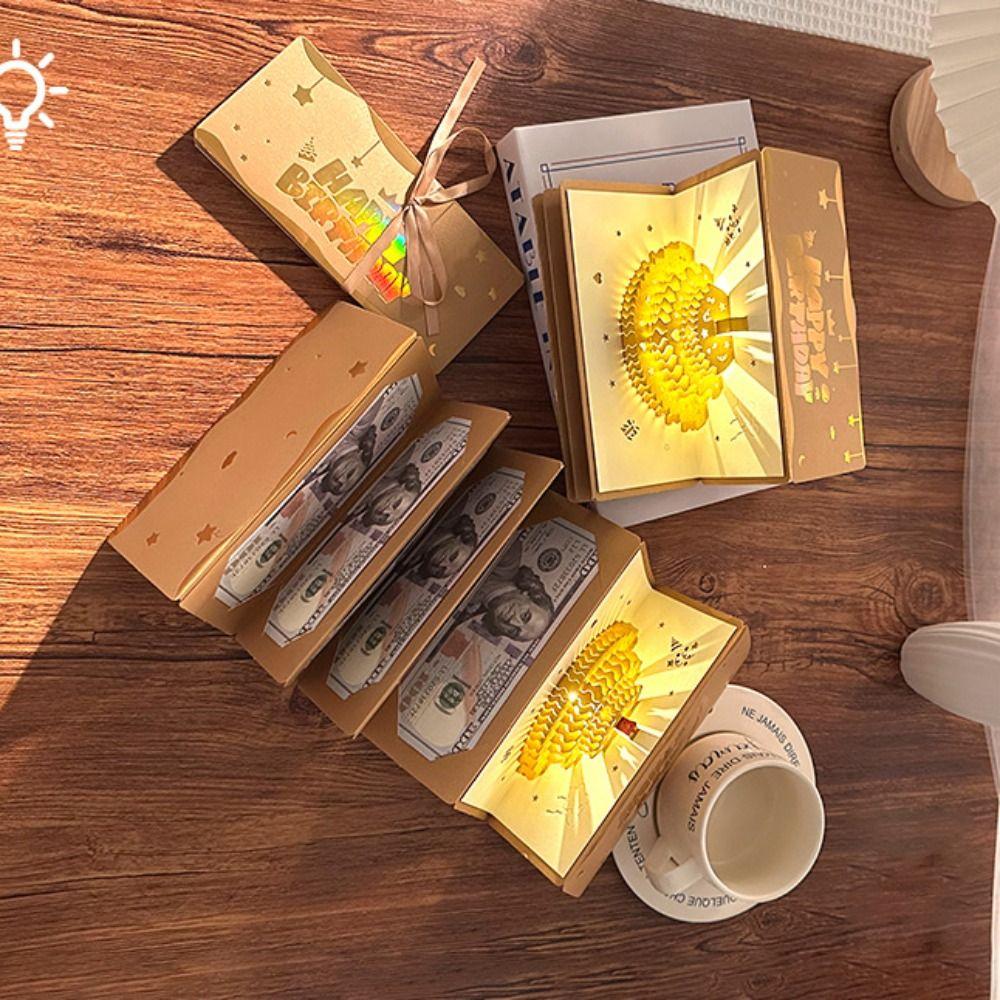 3D Pop-Up Birthday Red Envelope Greeting Card 6 Card Slots Gold Musical Light Greeting Card Foldable Red Envelope Greeting Card