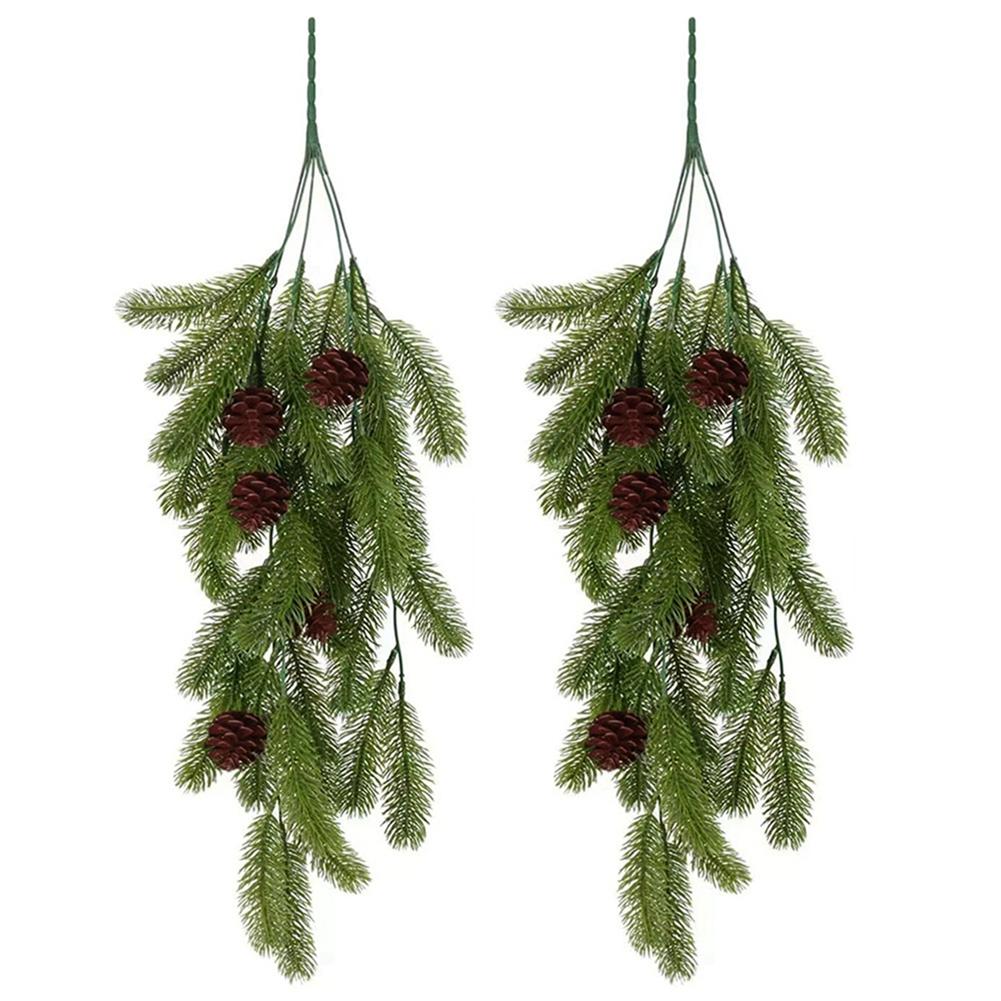 2pcs Artificial Christmas Pine Needle Rattan Wall Hanging Fake Pine Cone Decoration