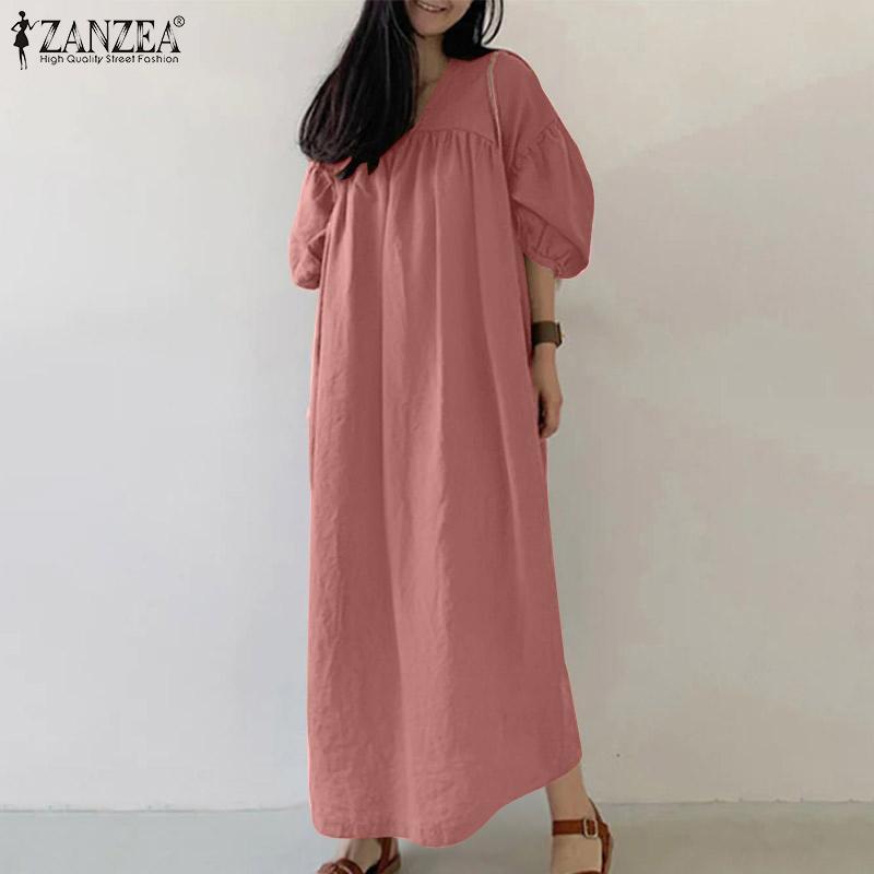 

ZANZEA Women Casual V-Neck Loose 3/4 Sleeve Plain Long Dress