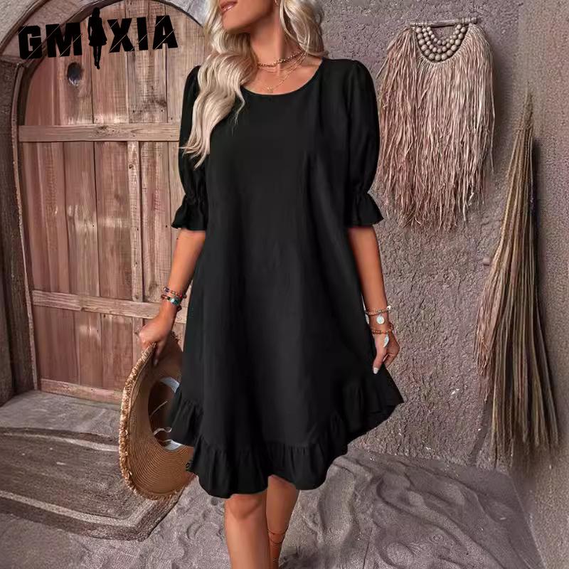 GMXIA Women's Fashion Summer Spring Solid Color Print O-Neck High Waist Casual Dresses