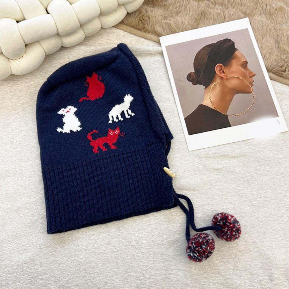 Kitten Jacquard Balaclava Hat Pullover Hat Winter Cap Fashion Ear Protection Hat  Outdoor