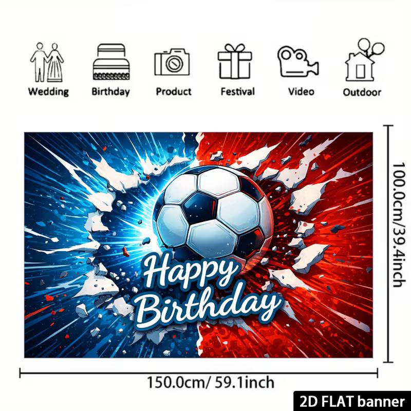 2D Kids Football Birthday Backdrop, Red Blue Burst Soccer Ball Decoration Background