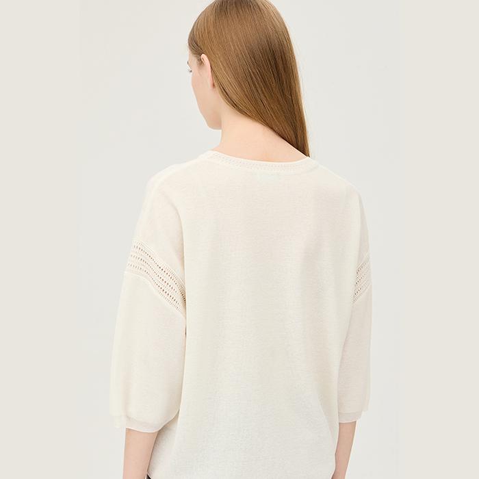 Benetong Embroidered Crochet Short Sleeve Knit_Bakp52531Wh