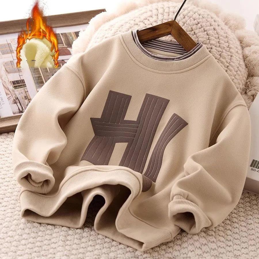 

Толстовка с подкладкой для мальчиков Детский флисовый пуловер Зимние теплые топы Новые повседневные топы Детская одежда с буквами 5-14 лет 120cm