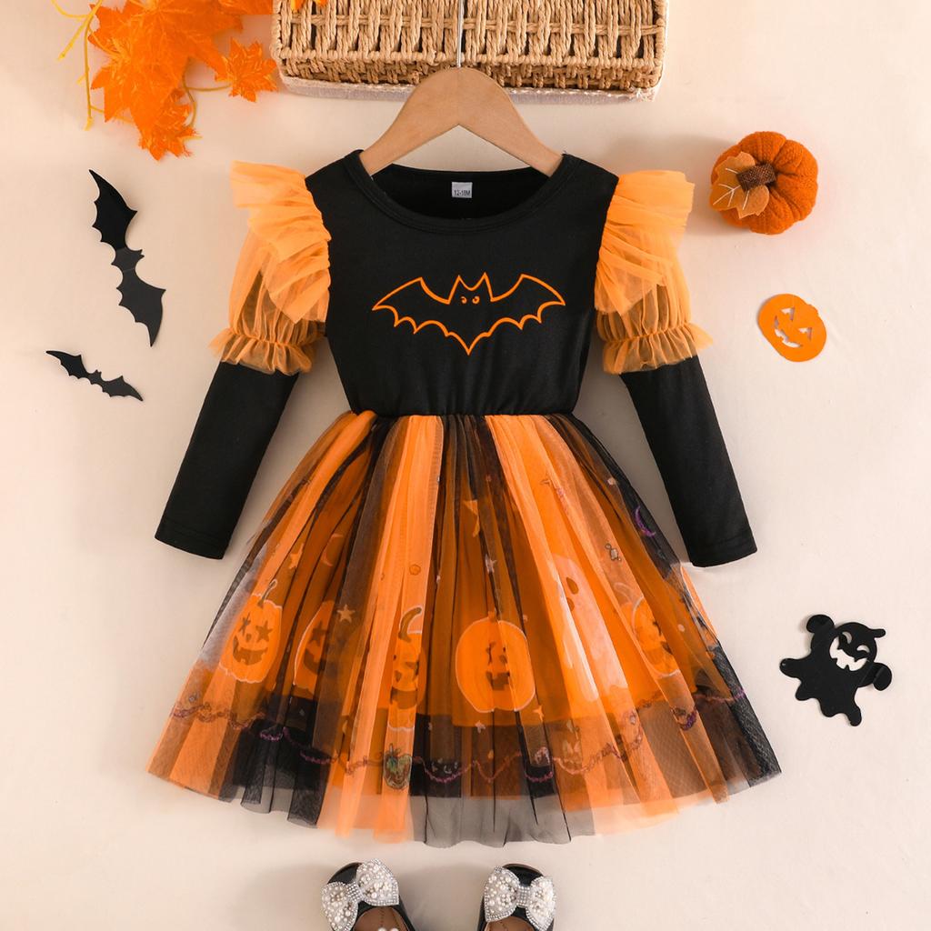 Toddler Girls Long Sleeve Halloween Dress with Pumpkin Print Puffy for Party