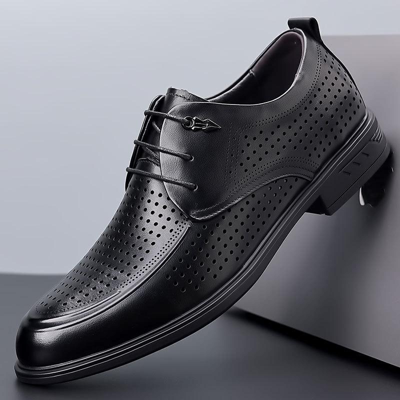 Men's summer leather shoes first layer cowhide business dress pointed hollow men's shoes breathable high-end leather casual shoes