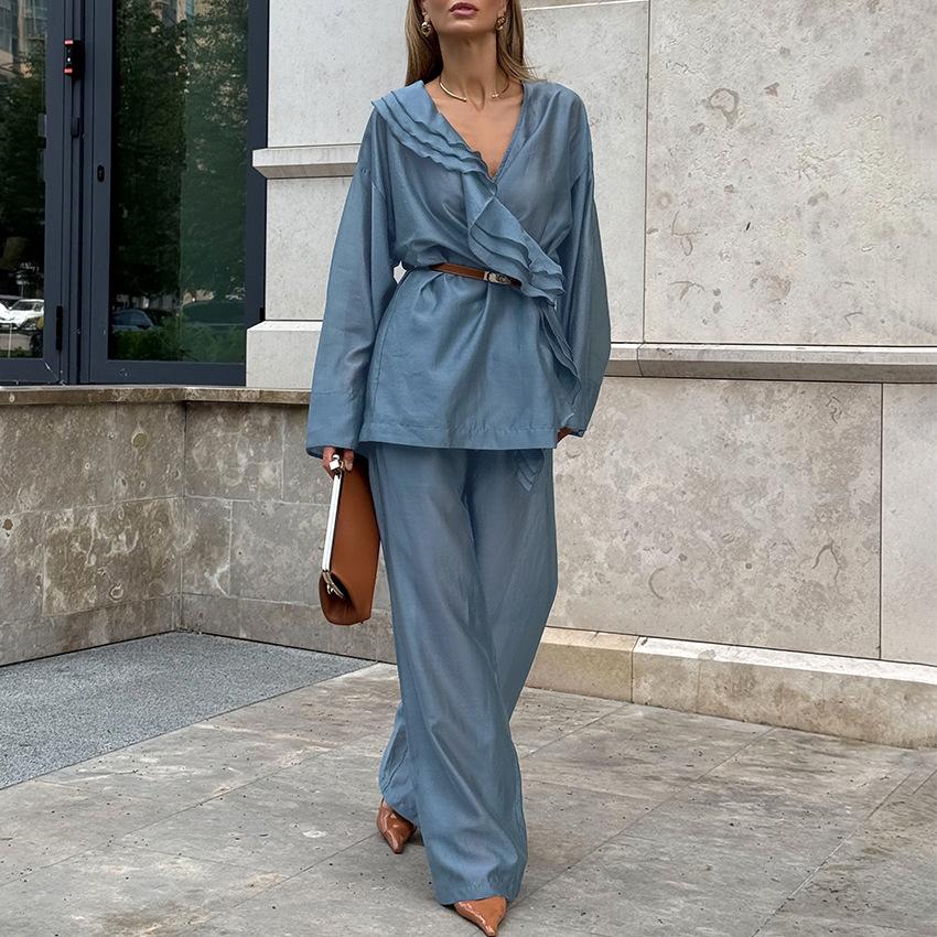 French Retro Irregular Ruffle Leaf Edge V-neck Shirt High Waist Drape Wide Leg Pants Thin Shirt Trousers Two-piece Set